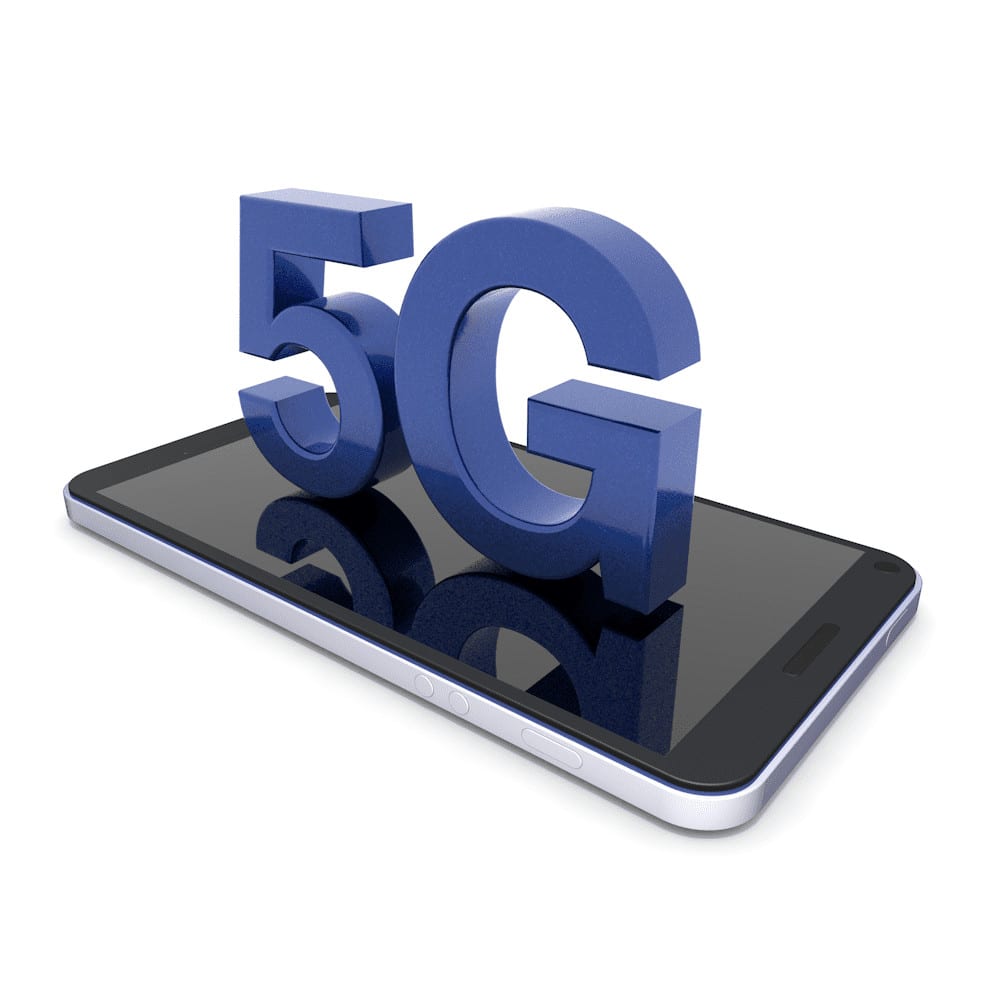 Graphic of mobile phone with 3D 5G logo coming out of screen